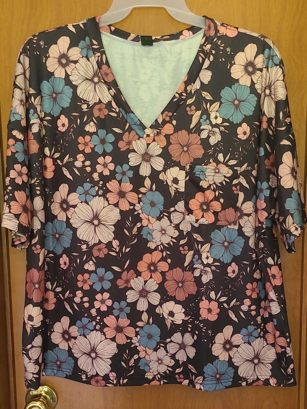 SHEIN Black Floral V-Neck Short Sleeve Top with Pink & Blue Flowers